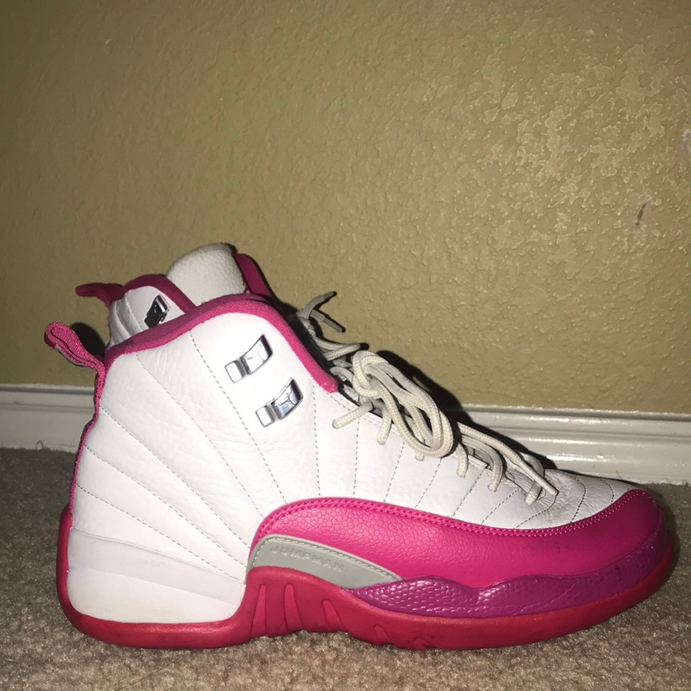 Pink and White Jordan 12s